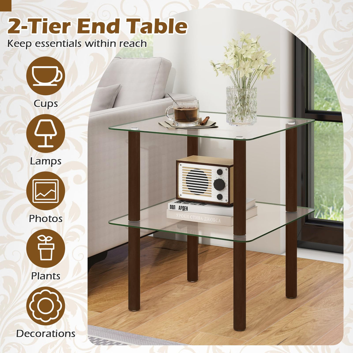Square End Table Set of 2, 2-Tier Glass Top Sofa Side Table A641010