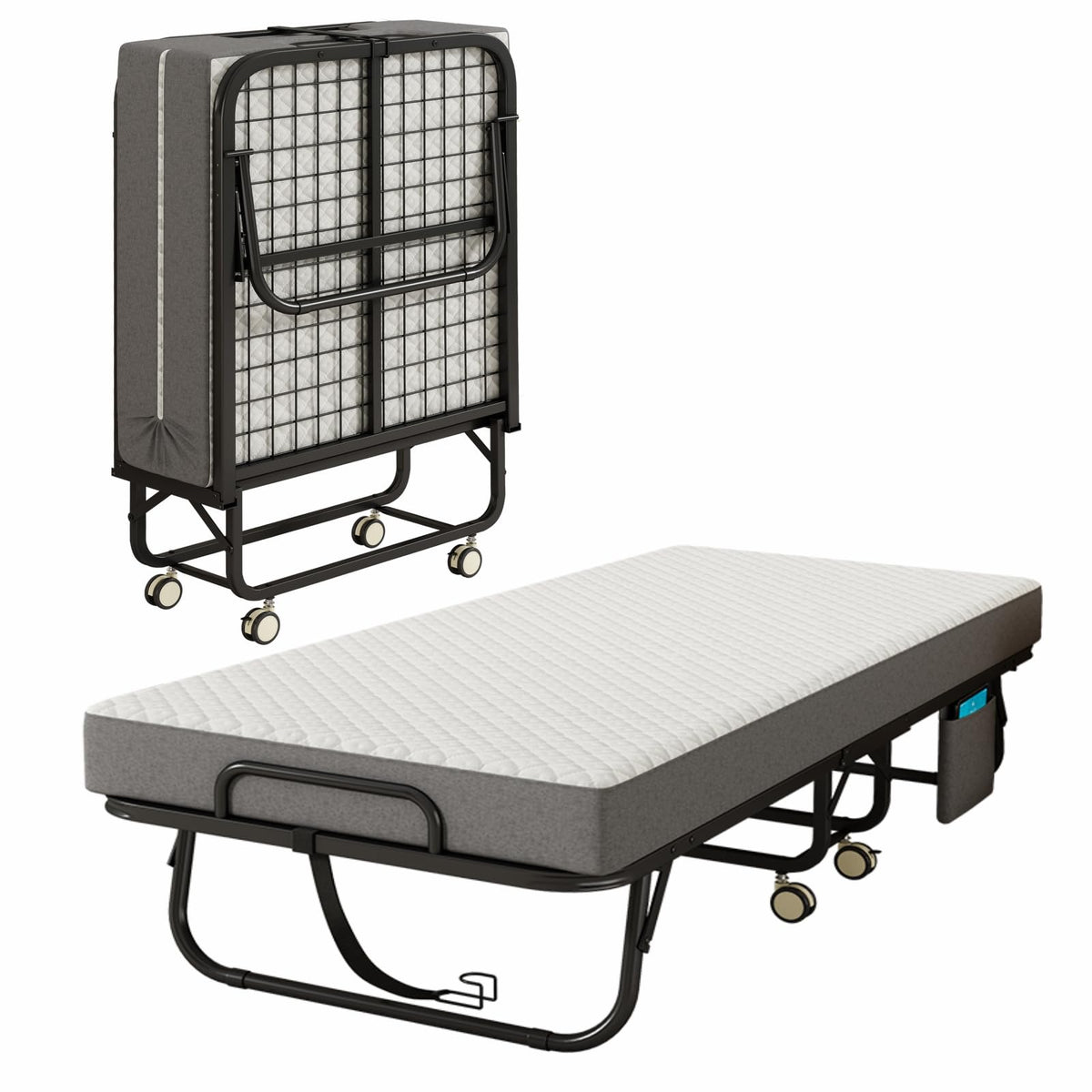 Folding Bed with Mattress, 75" x 31" Portable Rollaway Bed, Metal Frame Guest Bed with Memory Foam Mattress G756
