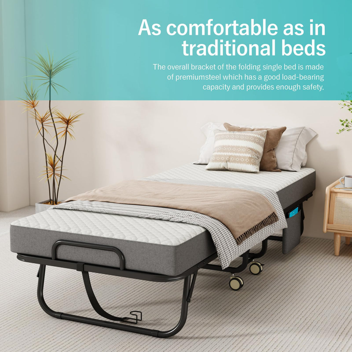Folding Bed with Mattress, 75" x 31" Portable Rollaway Bed, Metal Frame Guest Bed with Memory Foam Mattress G756