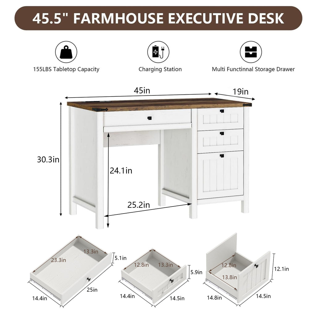 White Desk with Outlets & File Drawer V989991