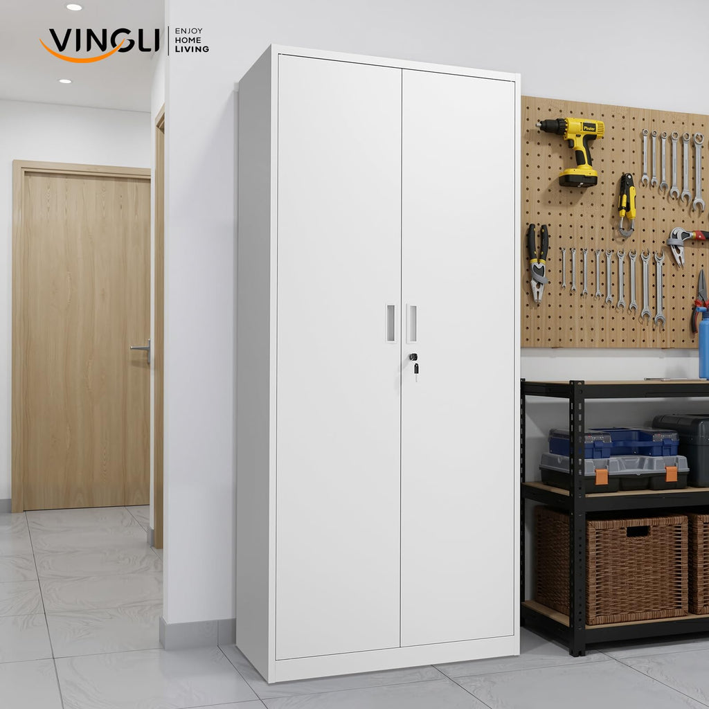White Metal Storage Cabinet with 2 Doors and 5 Adjustable Shelves Y72143
