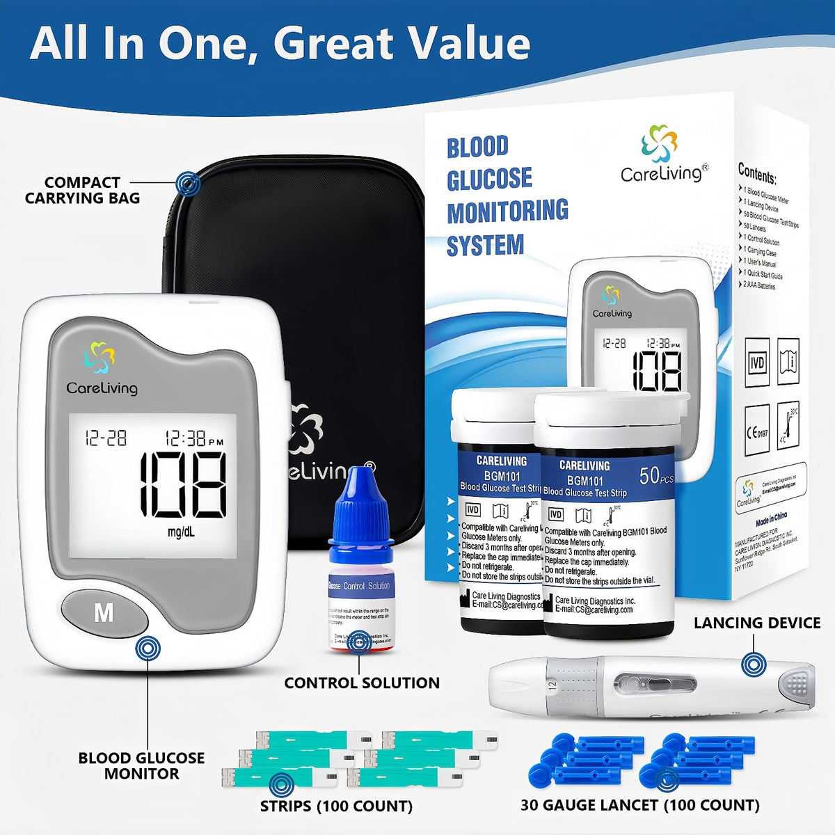 Blood Glucose Monitor Kit with 100 Test Strips and 100 Lancets N584522