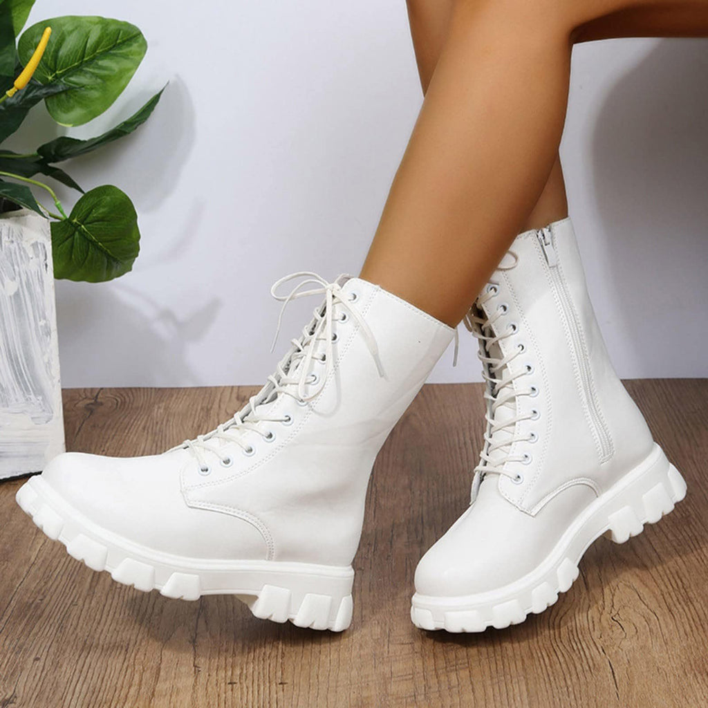 Women's Lace Up Chunky Mid Calf Boots H551579
