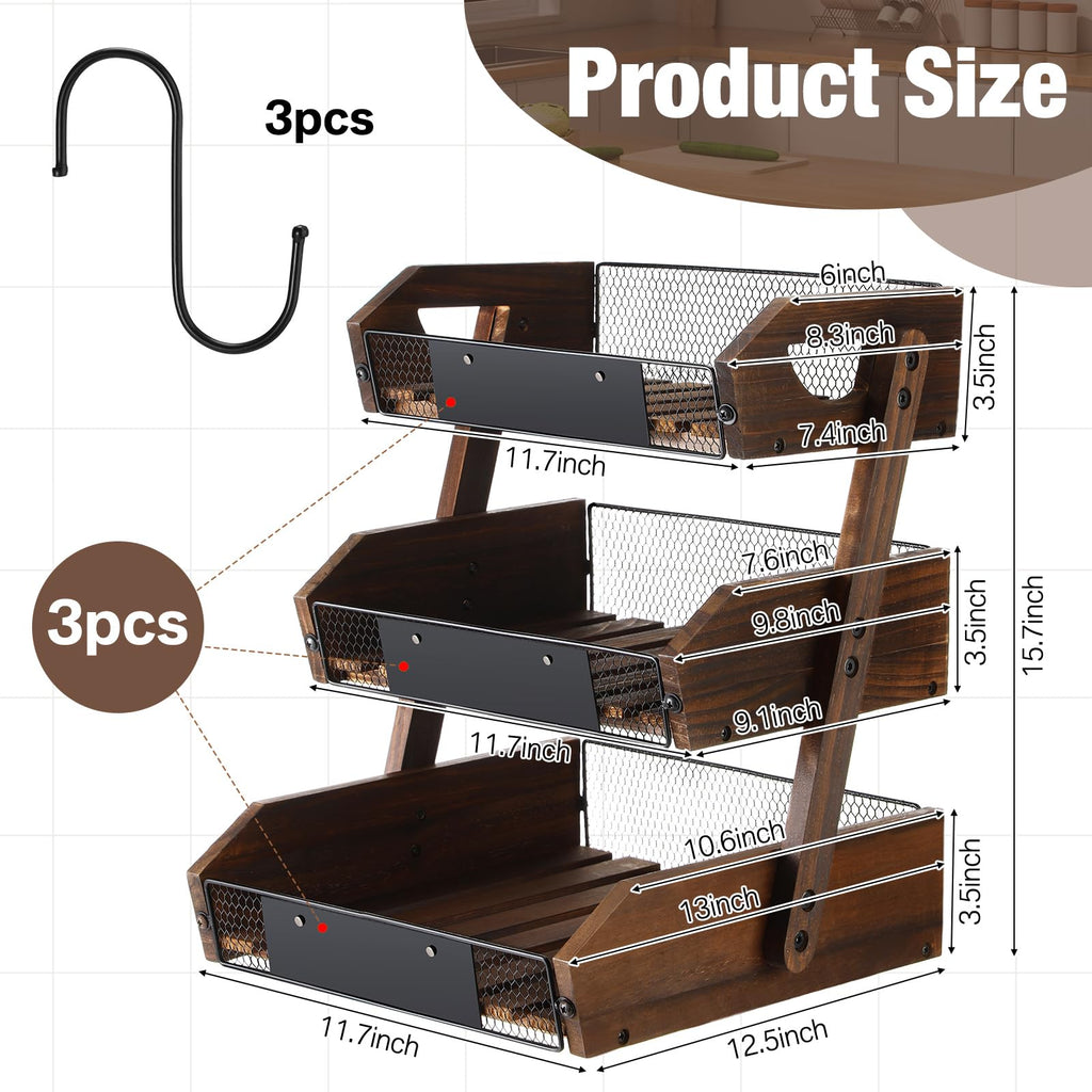 3 Tier Wooden Fruit Basket with Banana Hangers U87722