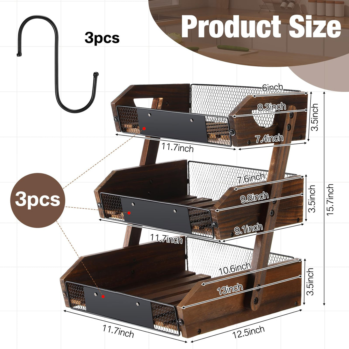 3 Tier Wooden Fruit Basket with Banana Hangers U87722