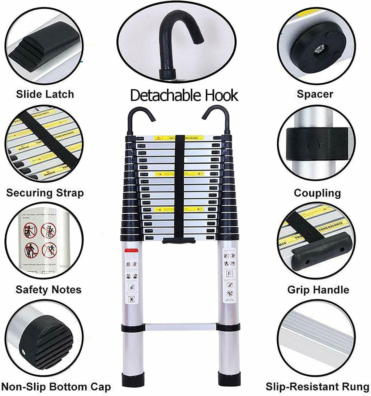20FT Aluminum Telescoping Ladder with 2 Detachable Hooks, 330 lb Capacity B127