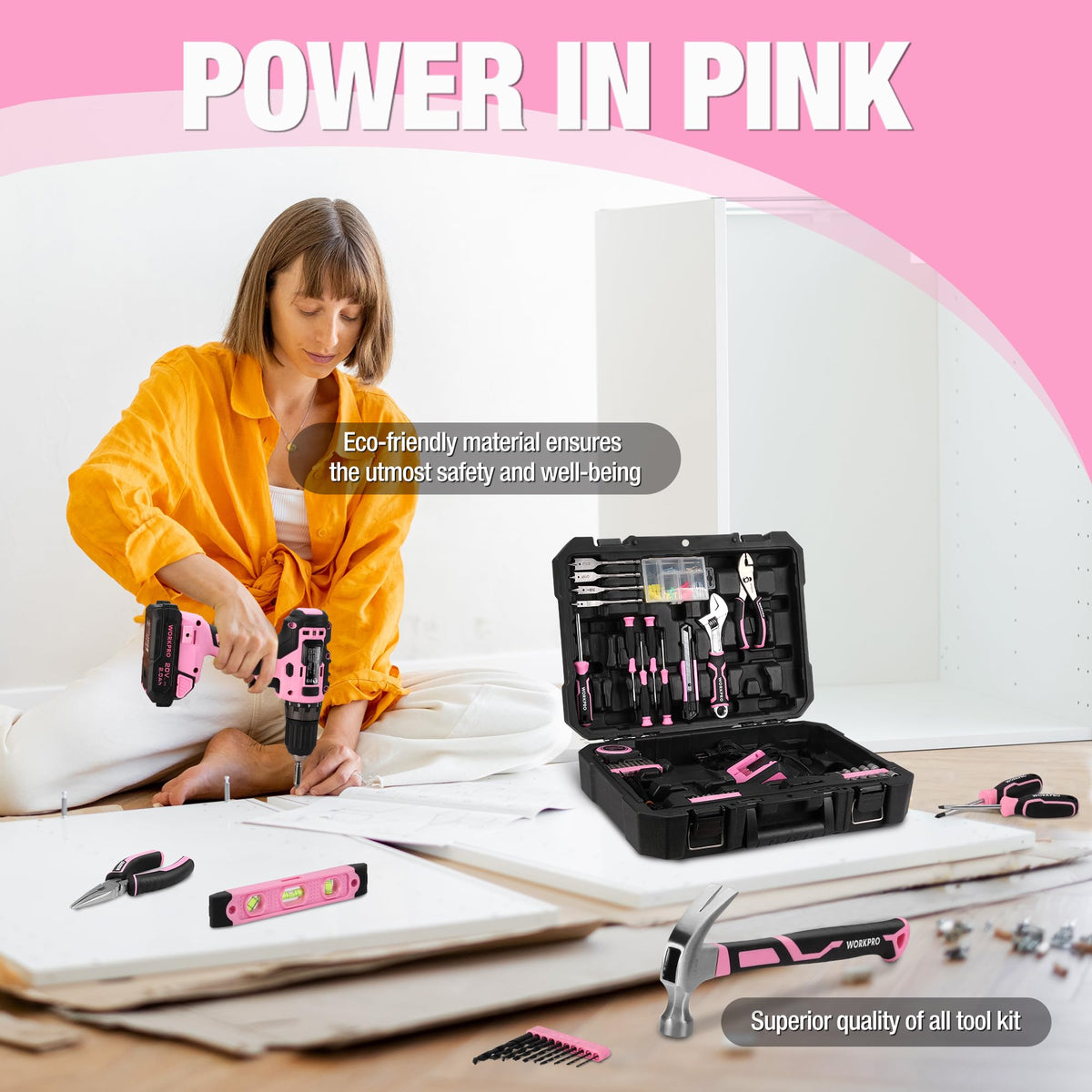 Pink Cordless Drill and 141-Piece Home Tool Kit E9122