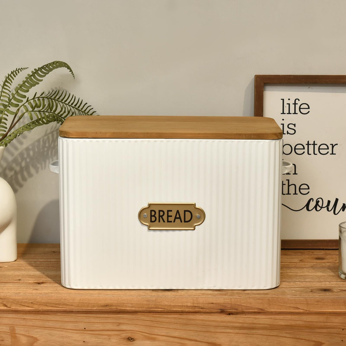 Extra Large White Vertical Stripes Bread Box with Wood Lid L130