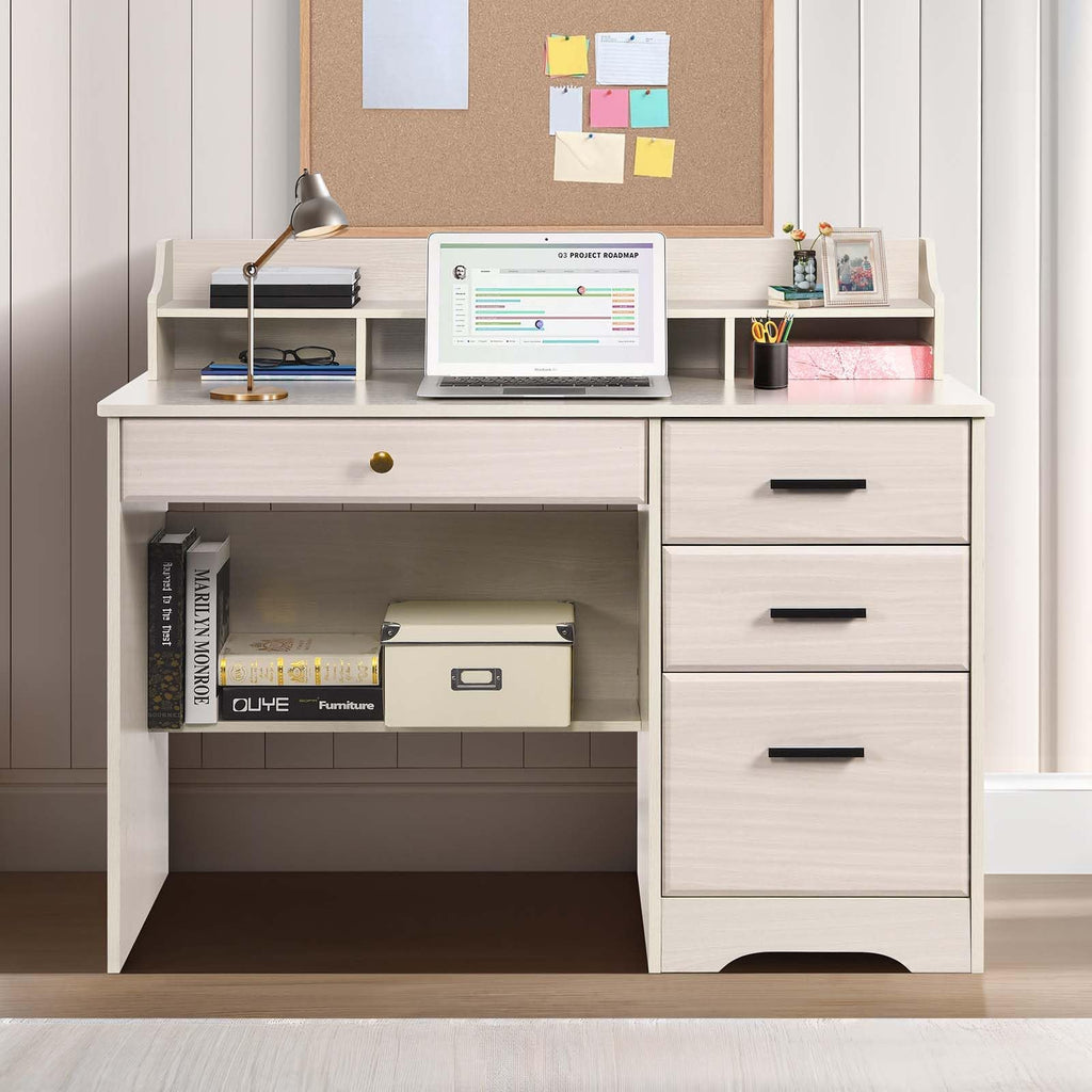 Warm White Wood Computer Desk with Drawers and Hutch M65683