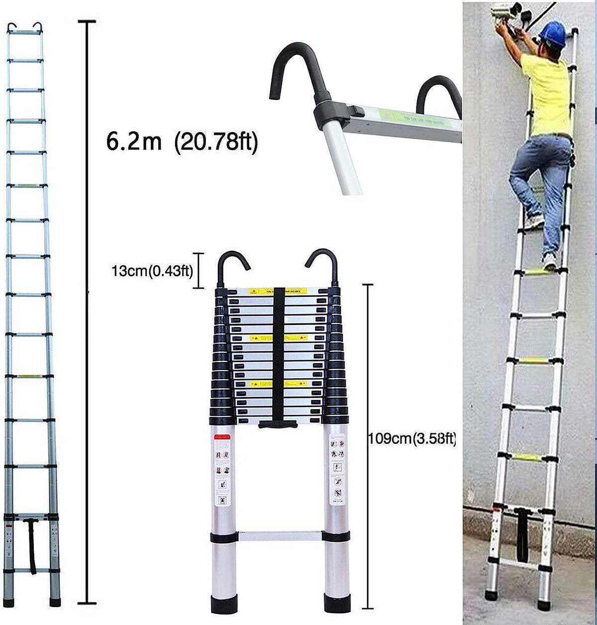20FT Aluminum Telescoping Ladder with 2 Detachable Hooks, 330 lb Capacity B127