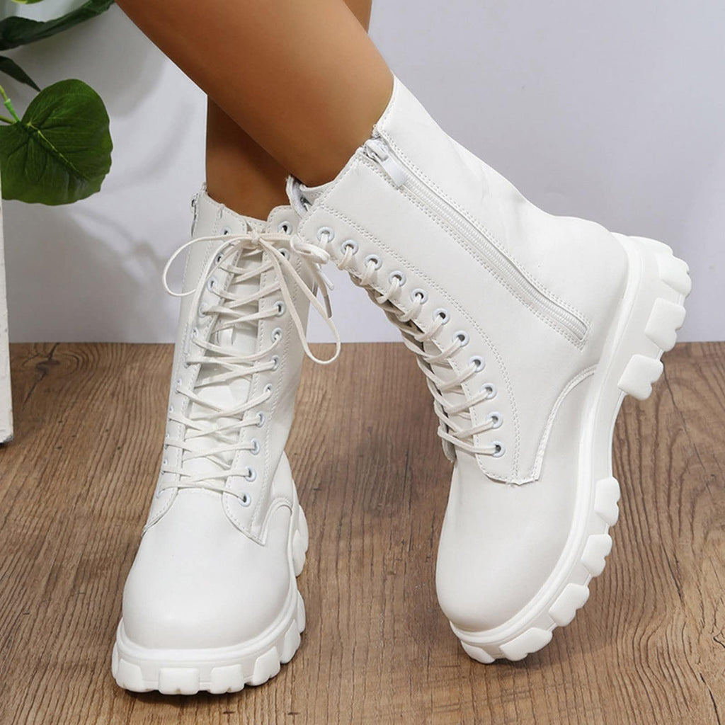 Women's Lace Up Chunky Mid Calf Boots H551579