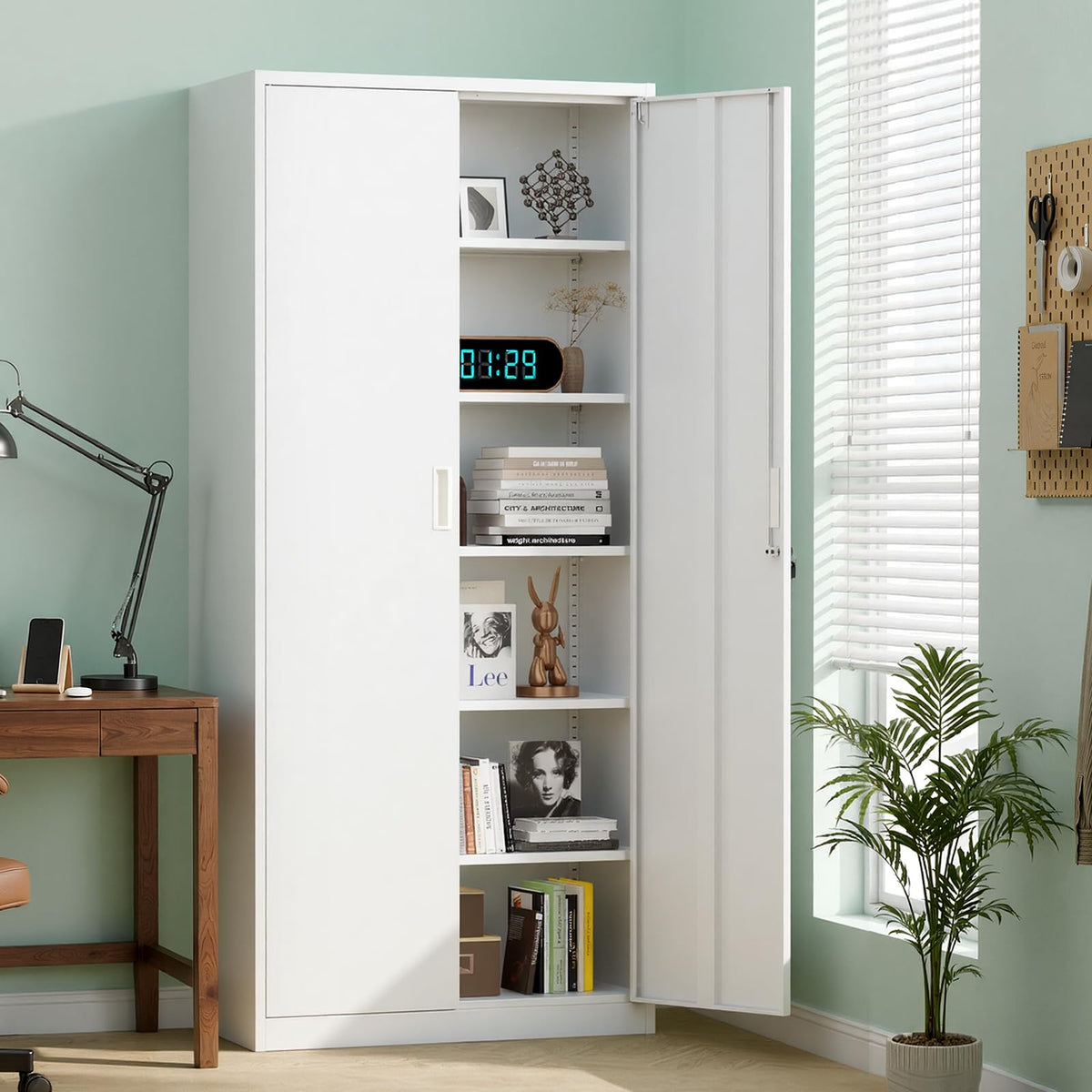 White Metal Storage Cabinet with 2 Doors and 5 Adjustable Shelves Y72143