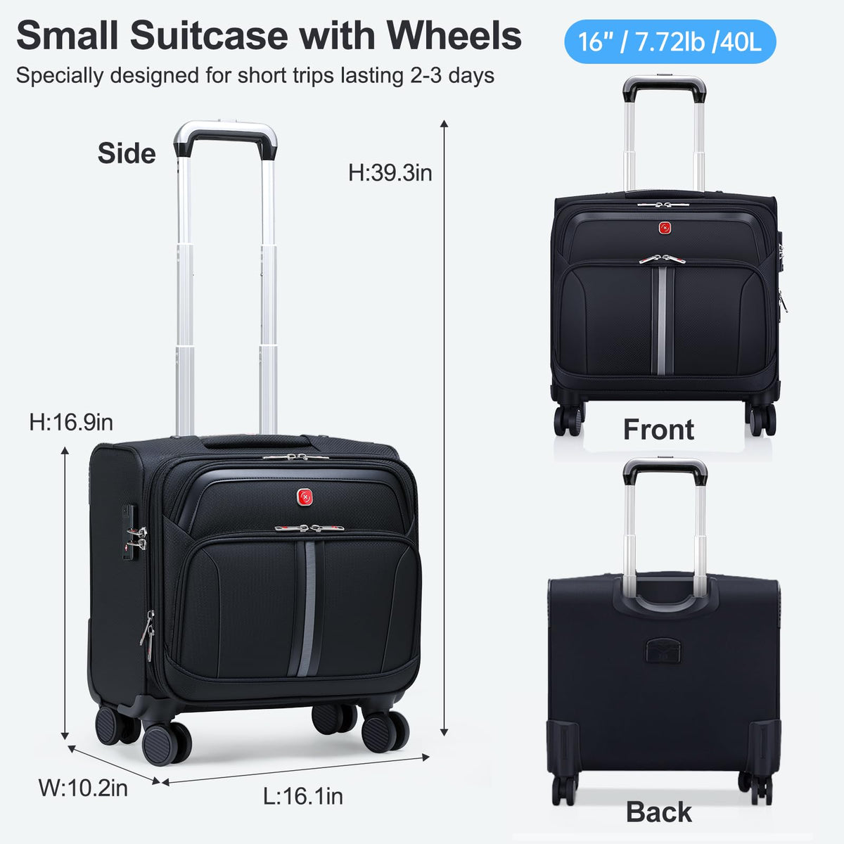 Black 16-Inch Underseat Carry-On Luggage with 4 Spinner Wheels L814460