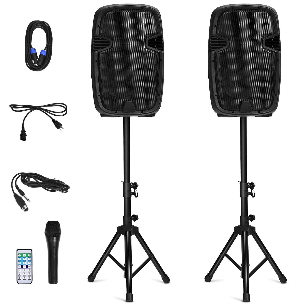 2000W 12" Portable Dual Powered Speakers PA System with Tripod Stands J801675