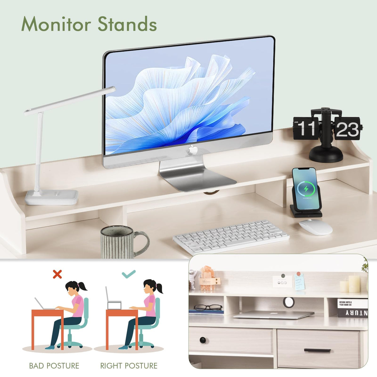 Warm White Wood Computer Desk with Drawers and Hutch M65683