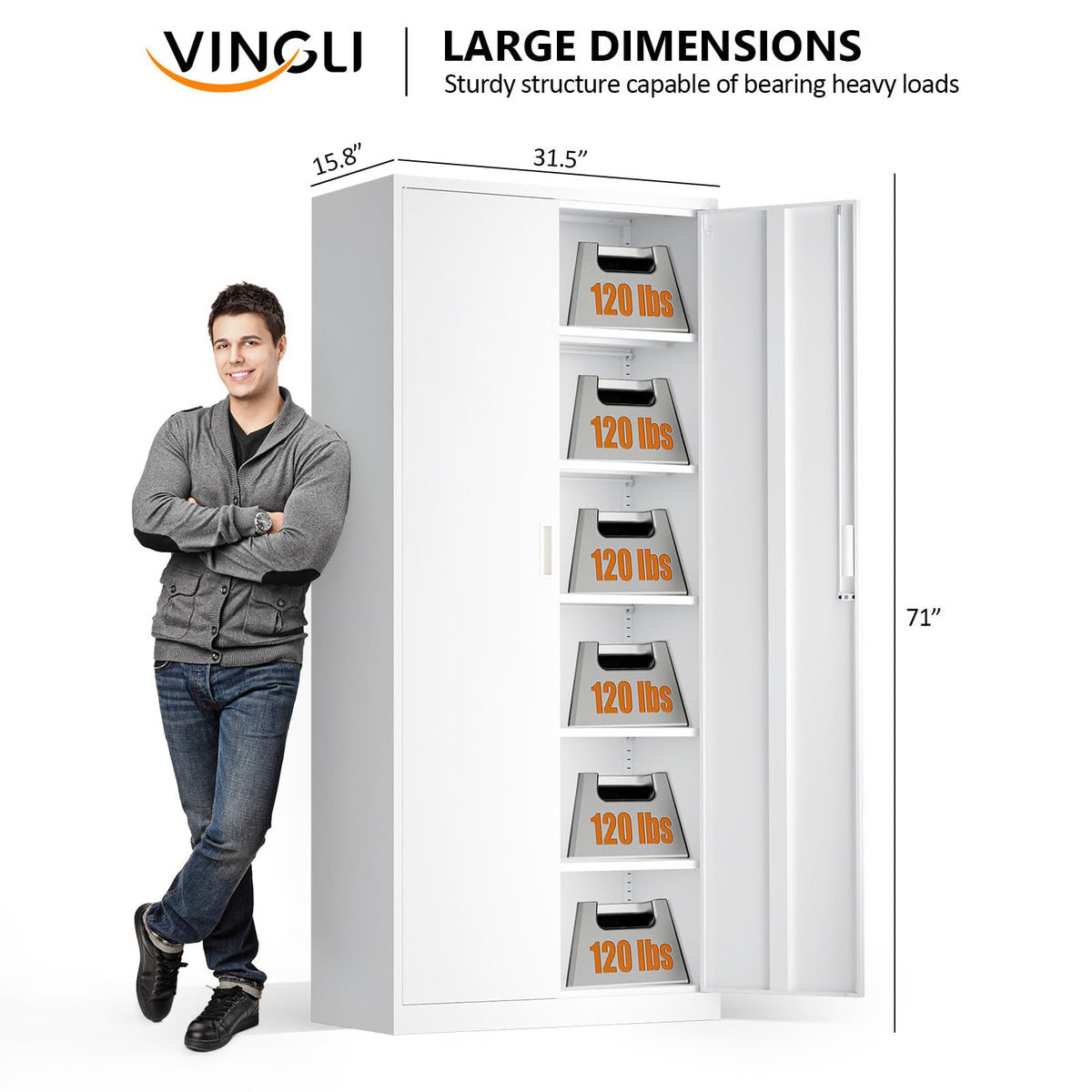 White Metal Storage Cabinet with 2 Doors and 5 Adjustable Shelves Y72143
