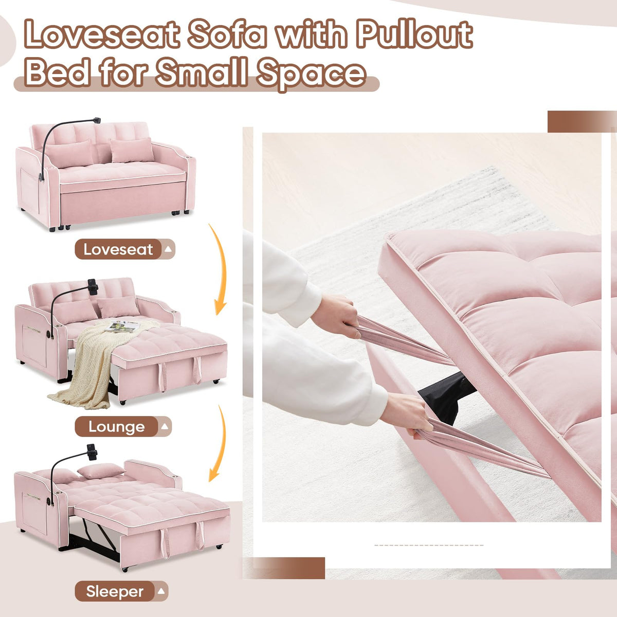 Pink Velvet Convertible Sleeper Sofa Bed F1920