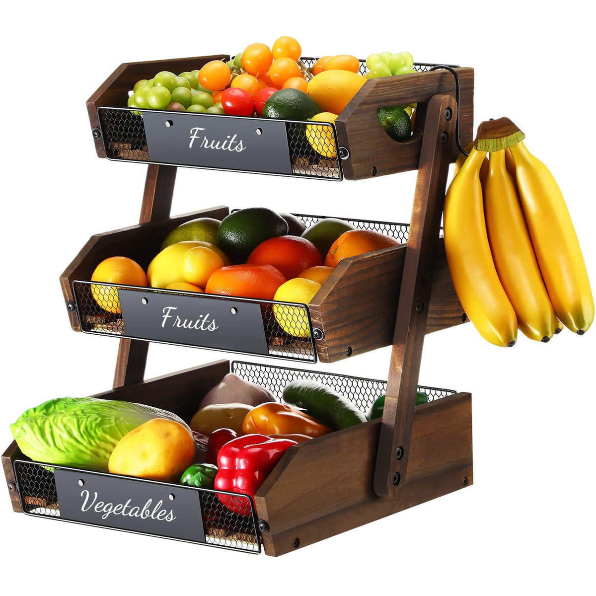 3 Tier Wooden Fruit Basket with Banana Hangers U87722