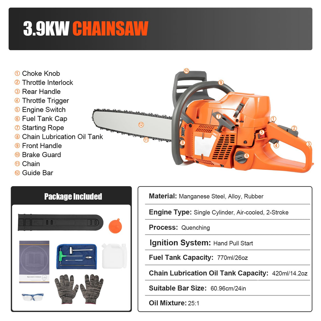 Gas Powered Chainsaw, 71.8cc 2-Stroke, 24 Inch M235755