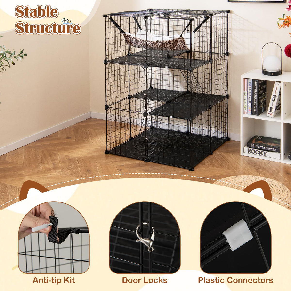 Black 4-Tier Metal Cat Cage with Hammock V228