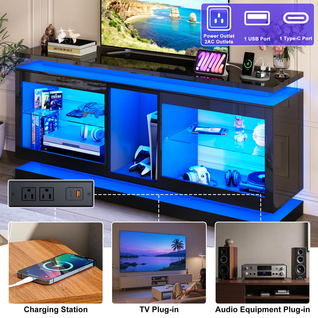 70" TV Stand with LED Lights and Power Outlets, Black Y1890
