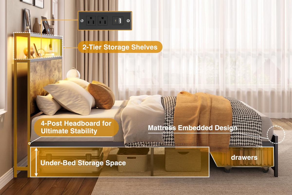 Queen Metal Bed Frame with Storage Headboard and 2 Drawers C85085
