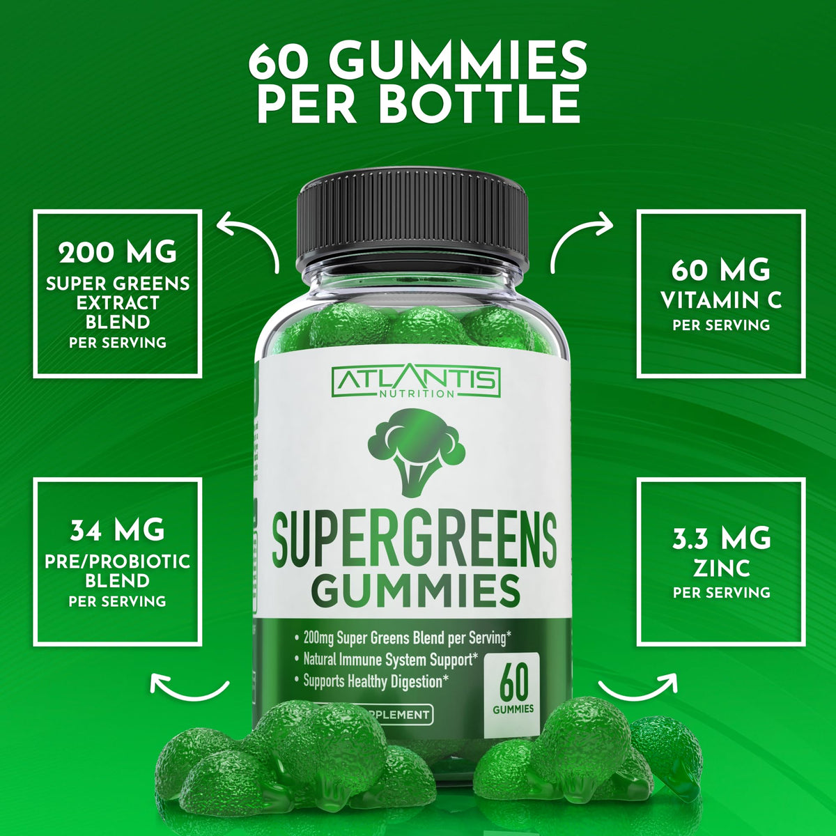 Supergreens Gummies Supplement with Spinach, Broccoli, Moringa, Beet Root, Celery, Green Tea, & Acai, Natural Raspberry Flavor, 60 cnt V1933