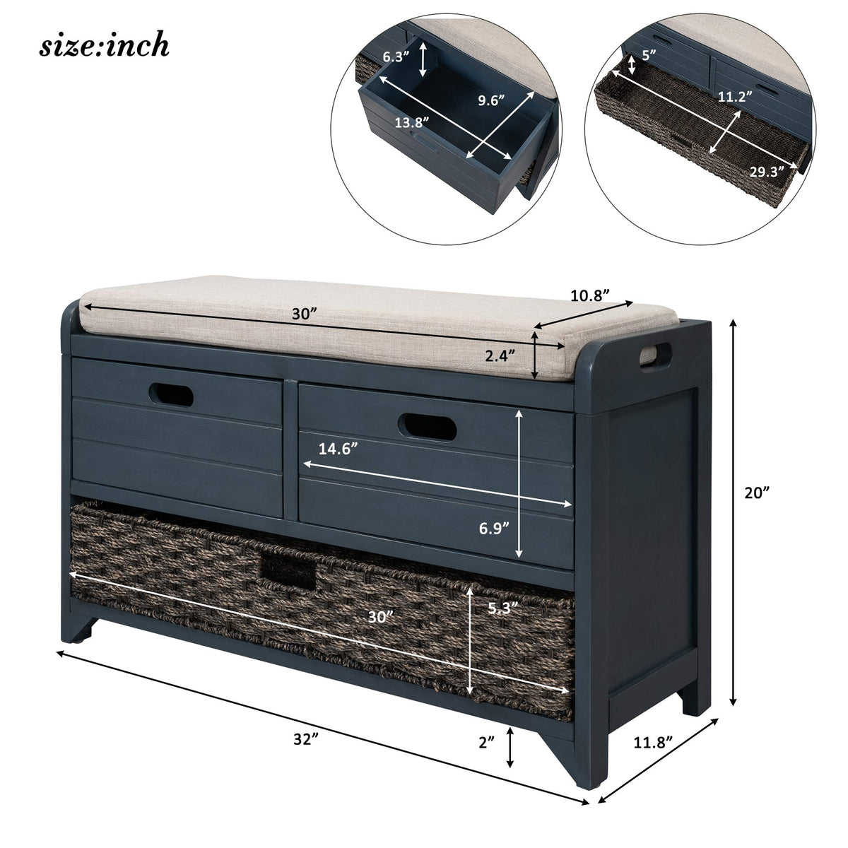 Navy Storage Bench with Drawers and Basket U16775