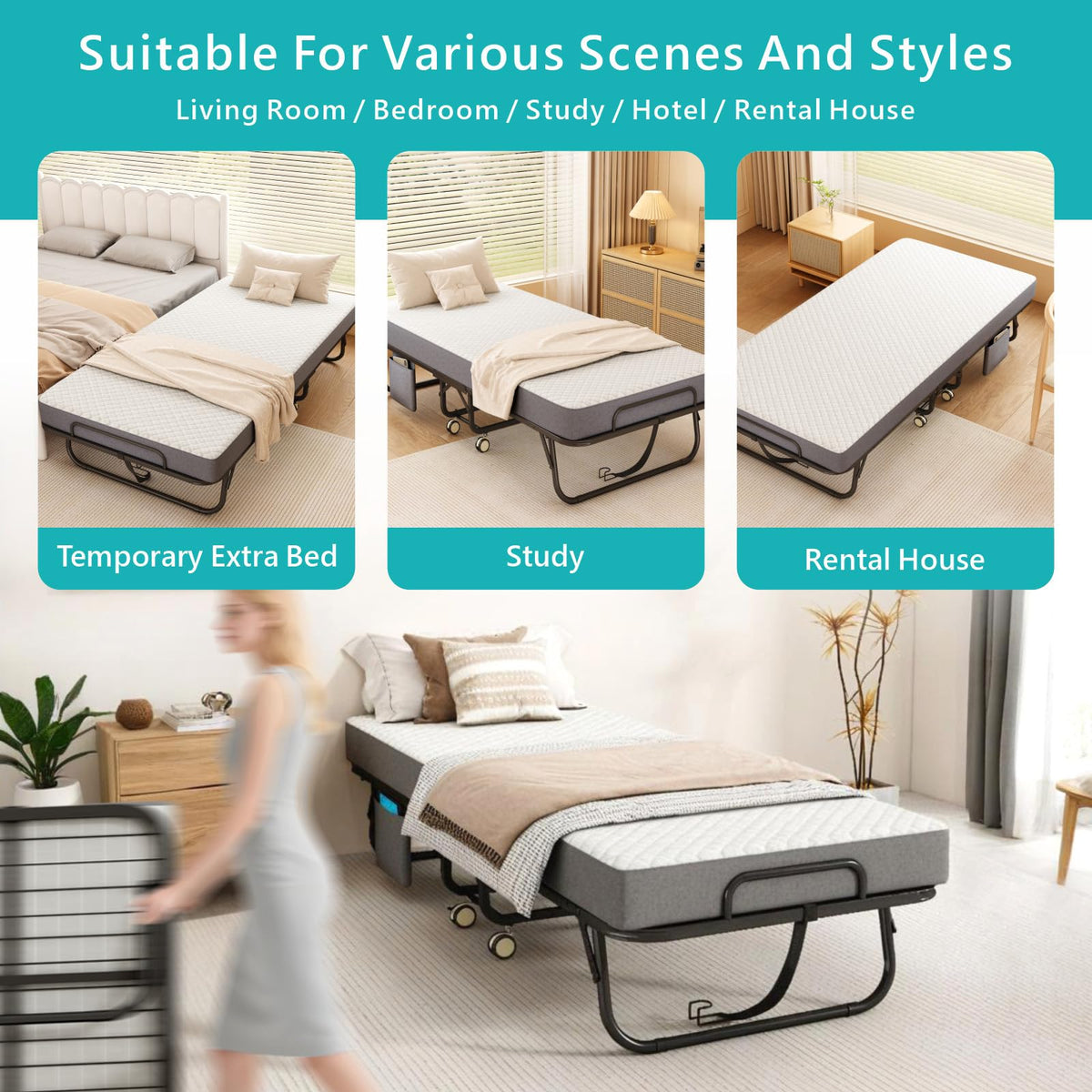 Folding Bed with Mattress, 75" x 31" Portable Rollaway Bed, Metal Frame Guest Bed with Memory Foam Mattress G756