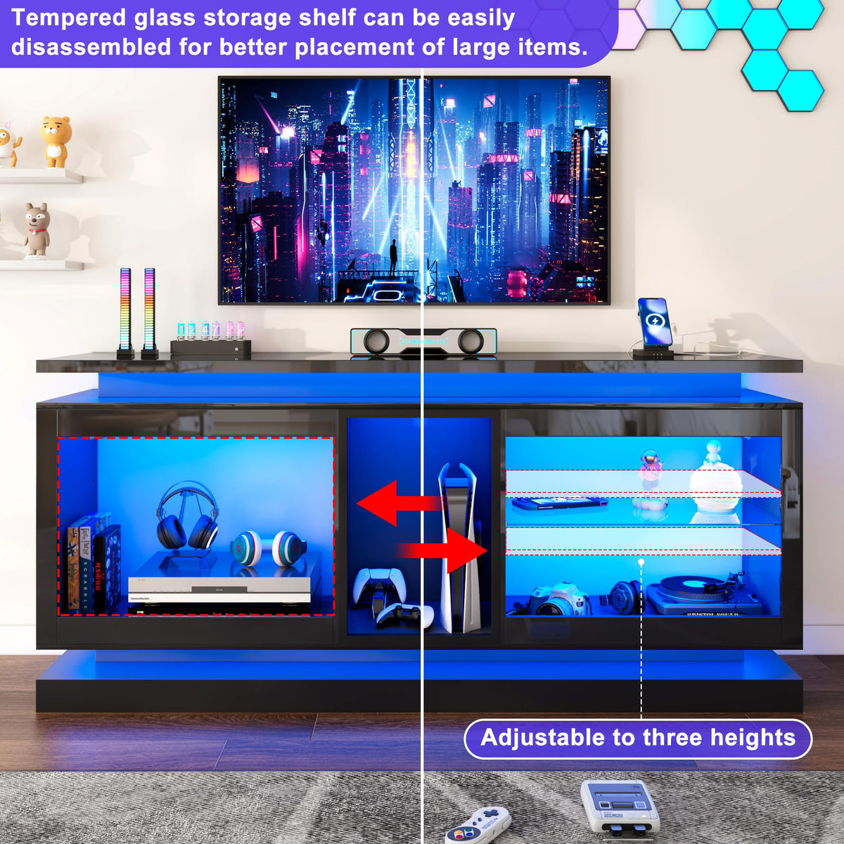 70" TV Stand with LED Lights and Power Outlets, Black Y1890