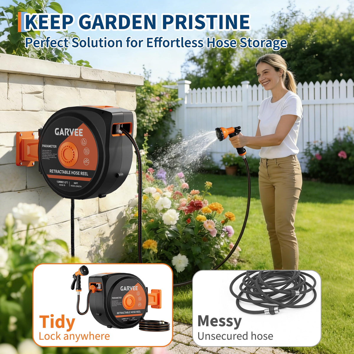 1/2 Inch x 50 ft Wall Mounted Garden Hose Reel with 10 Patterns Nozzle K782617