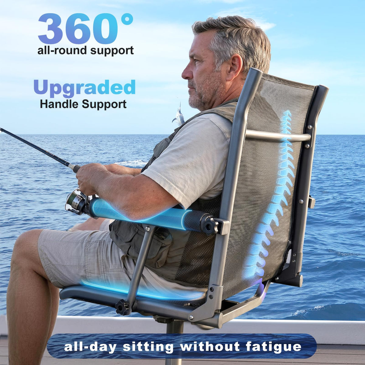Fishing Boat Seat with Armrest, Mesh Fabric, Aluminum Frame, 350 LBS Capacity, Foldable M22383