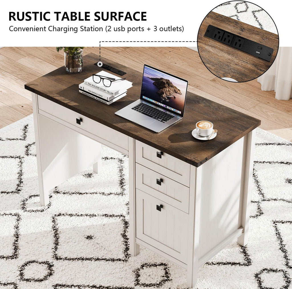 White Desk with Outlets & File Drawer V989991