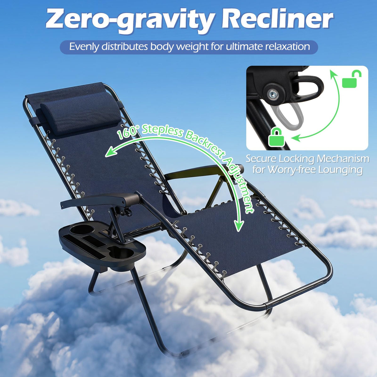 Zero Gravity Chairs Set of 2 Portable Folding Lounger with Pillow Cup Holder R456