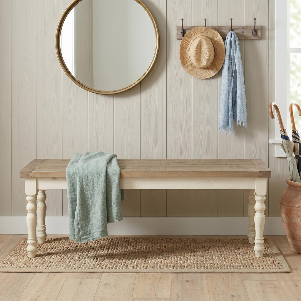 Antique White Two-Tone Oak Wood Dining Bench X2030