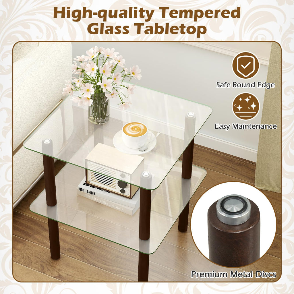 Square End Table Set of 2, 2-Tier Glass Top Sofa Side Table A641010