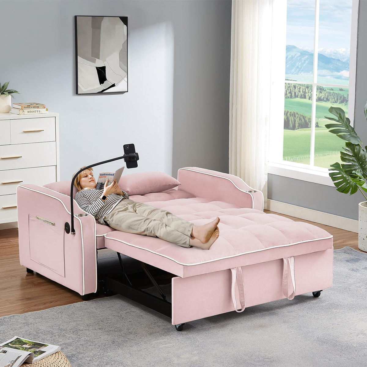 Pink Velvet Convertible Sleeper Sofa Bed F1920