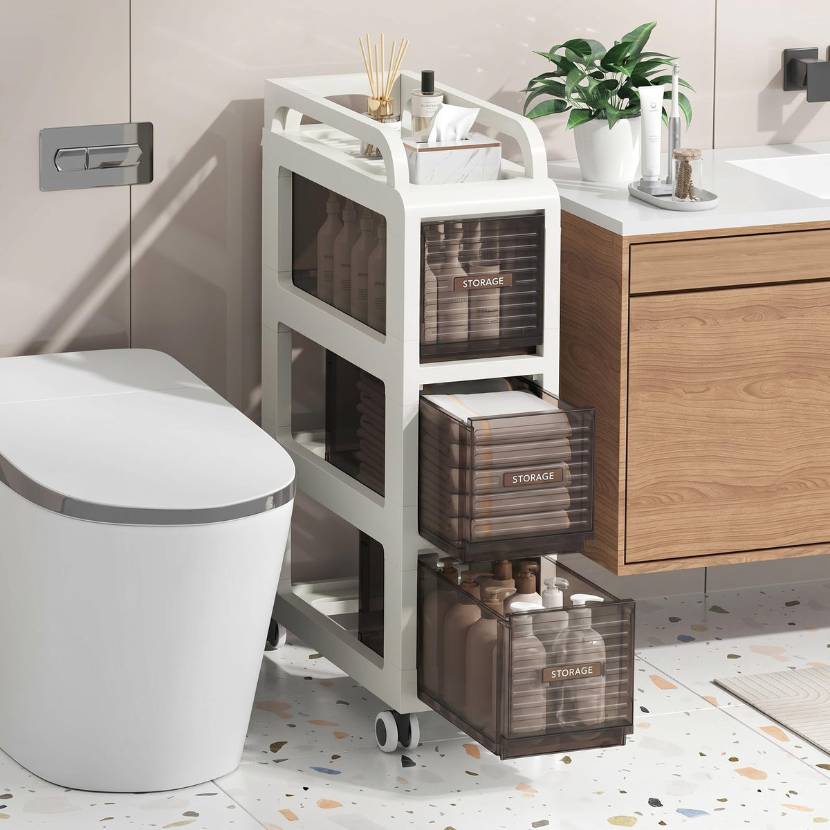 7.87" Wide Slim Bathroom Storage with Drawers and Wheels S66163