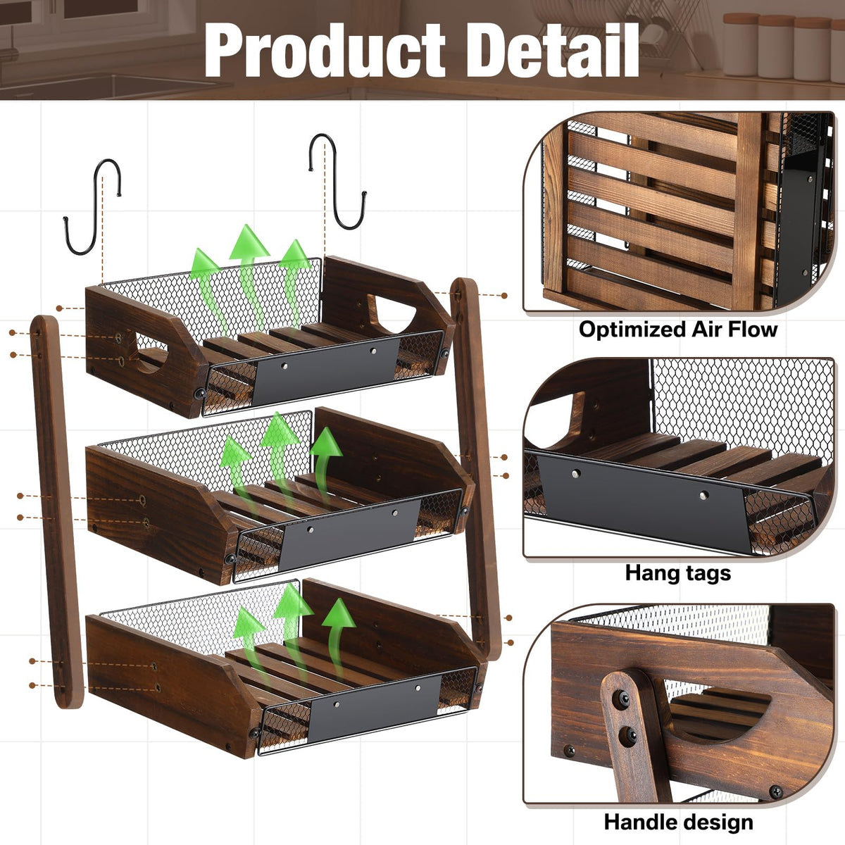 3 Tier Wooden Fruit Basket with Banana Hangers U87722