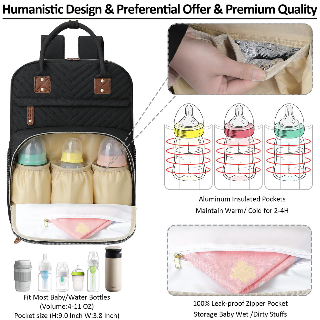 Diaper Bag Backpack with Insulated Pockets Black I3670