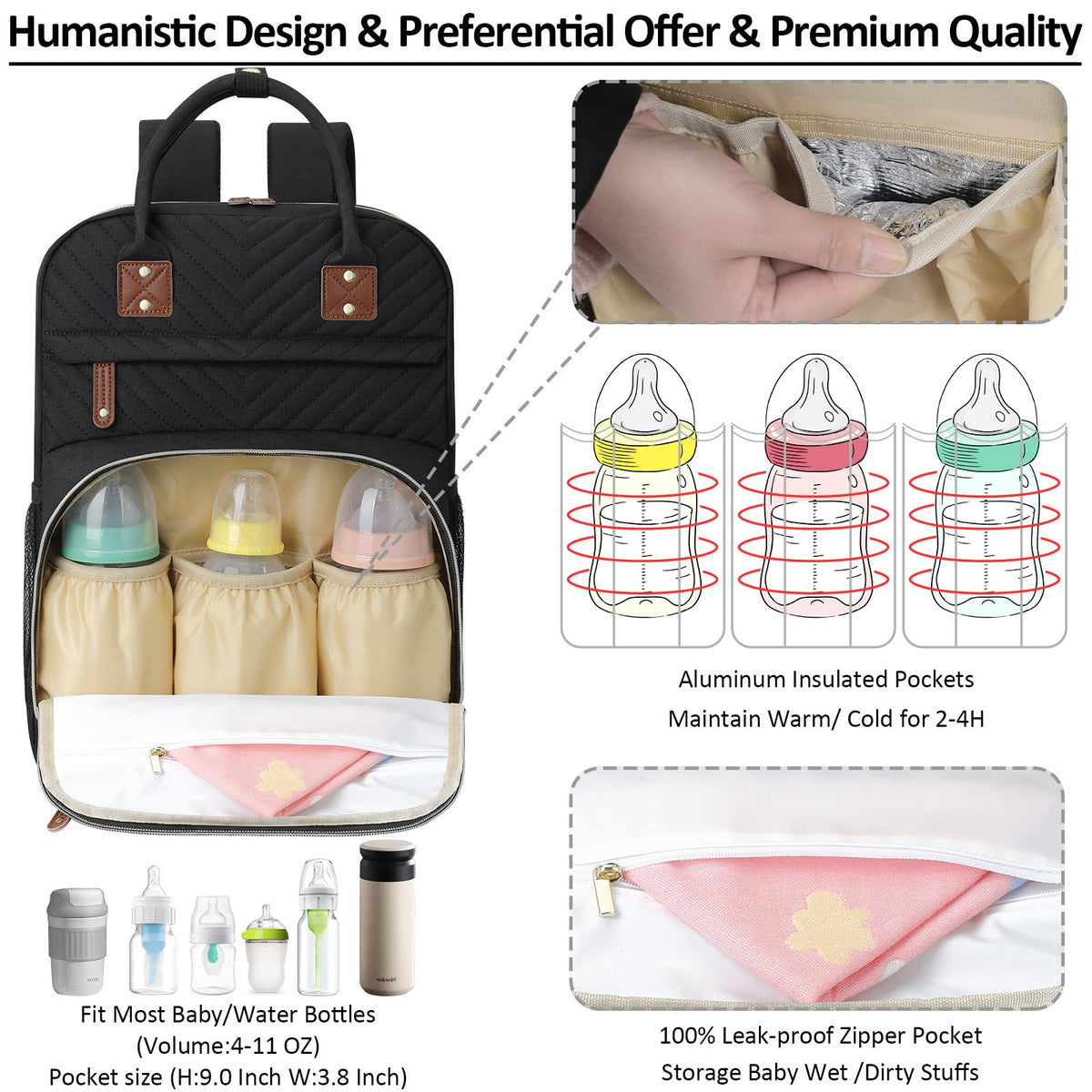 Diaper Bag Backpack with Insulated Pockets Black I3670