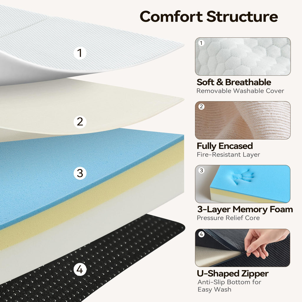 6 Inch Tri Fold Memory Foam Queen Mattress with Washable Cover J693