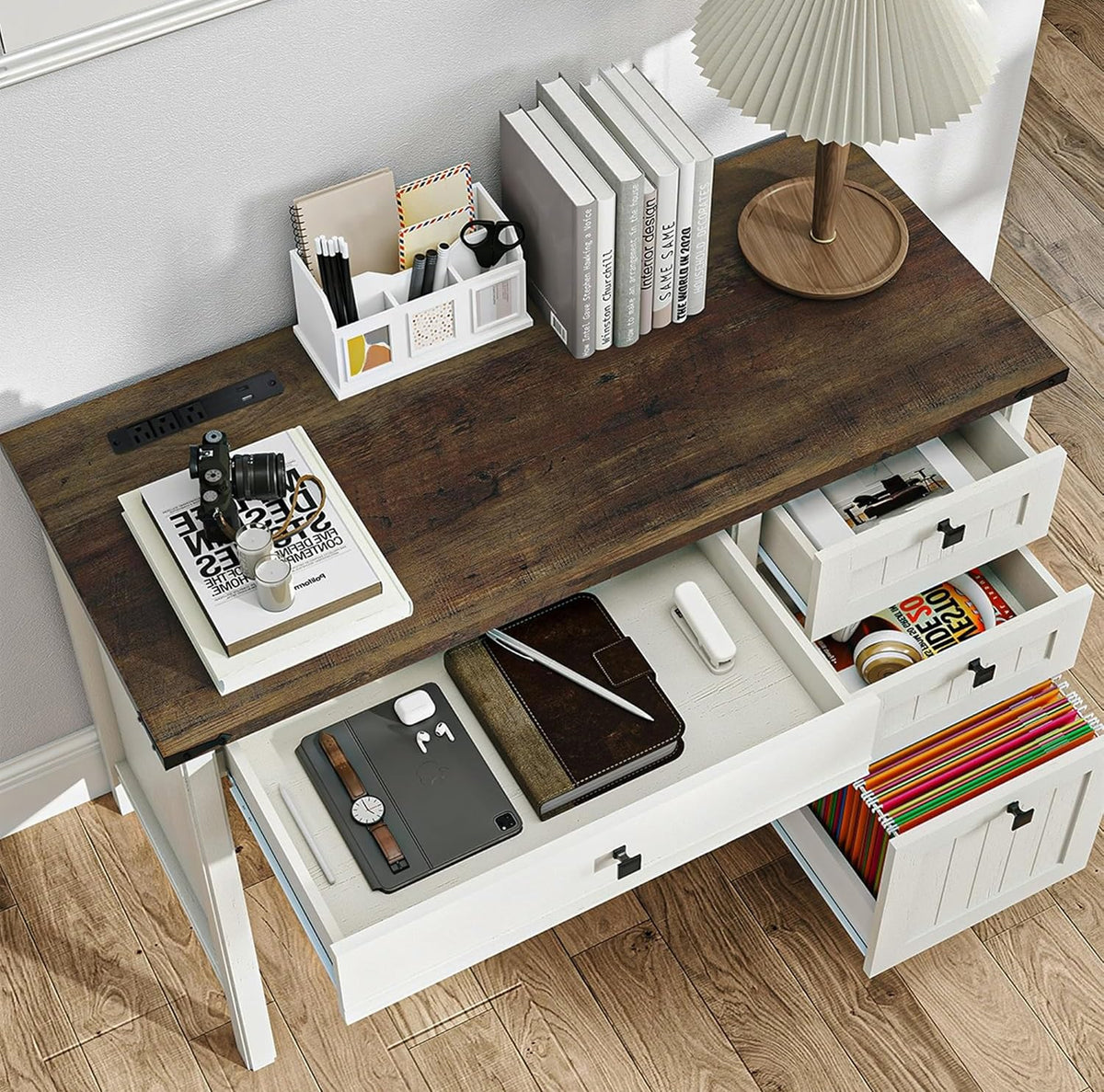 White Desk with Outlets & File Drawer V989991