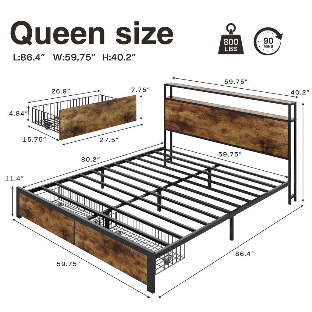 Queen Metal Bed Frame with Storage Headboard and 2 Drawers C85085