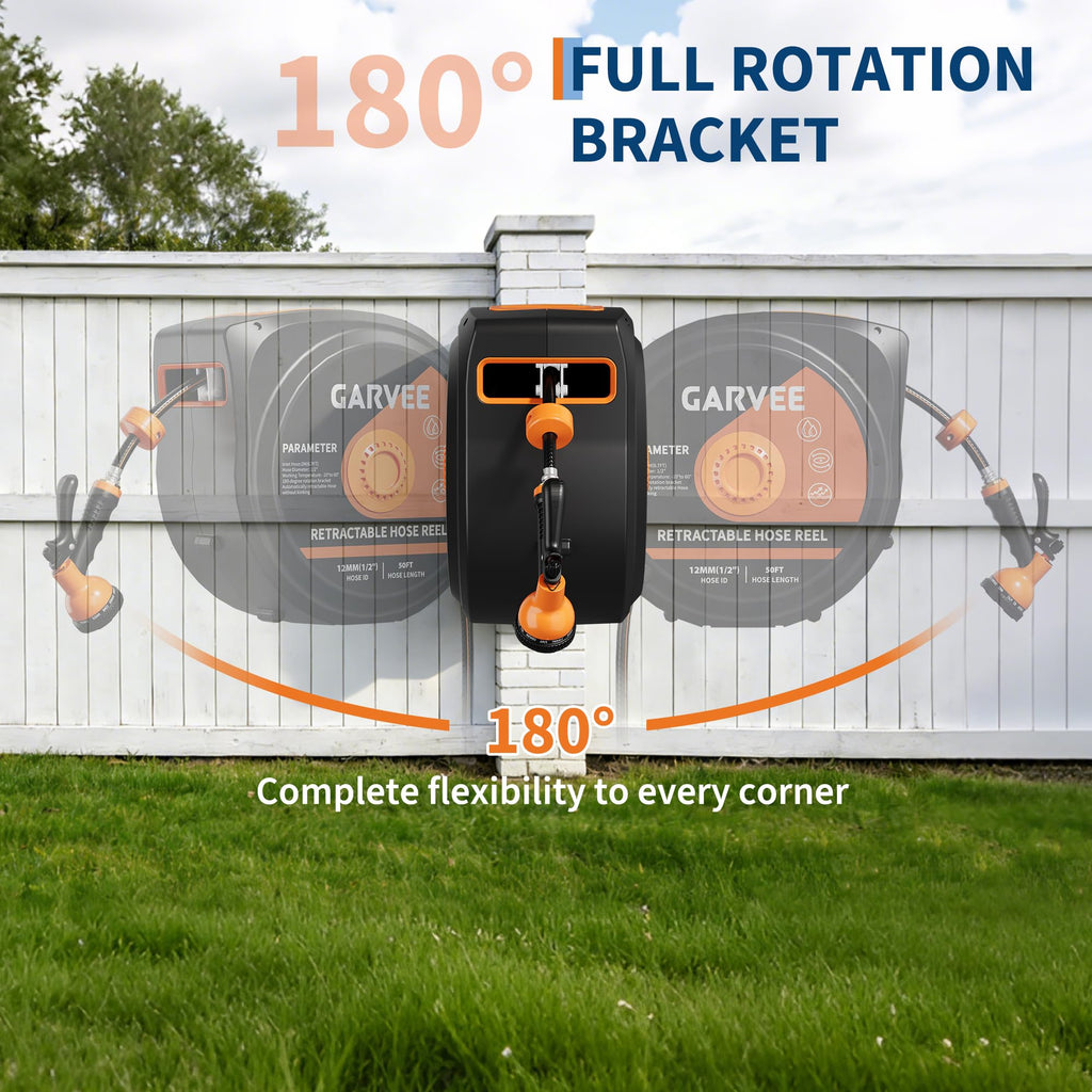1/2 Inch x 50 ft Wall Mounted Garden Hose Reel with 10 Patterns Nozzle K782617