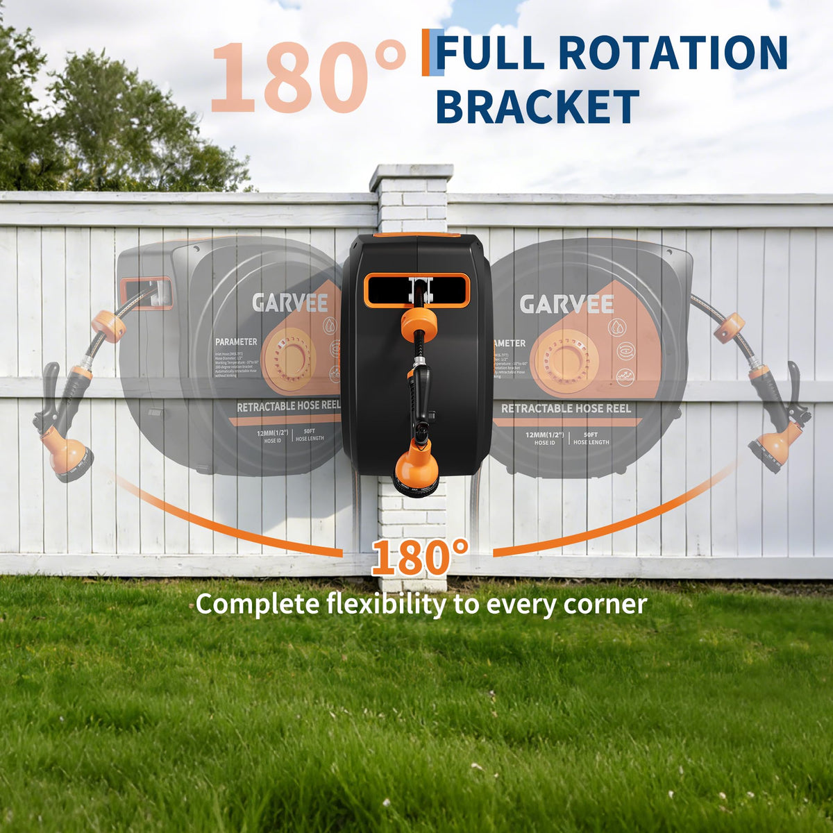 1/2 Inch x 50 ft Wall Mounted Garden Hose Reel with 10 Patterns Nozzle K782617
