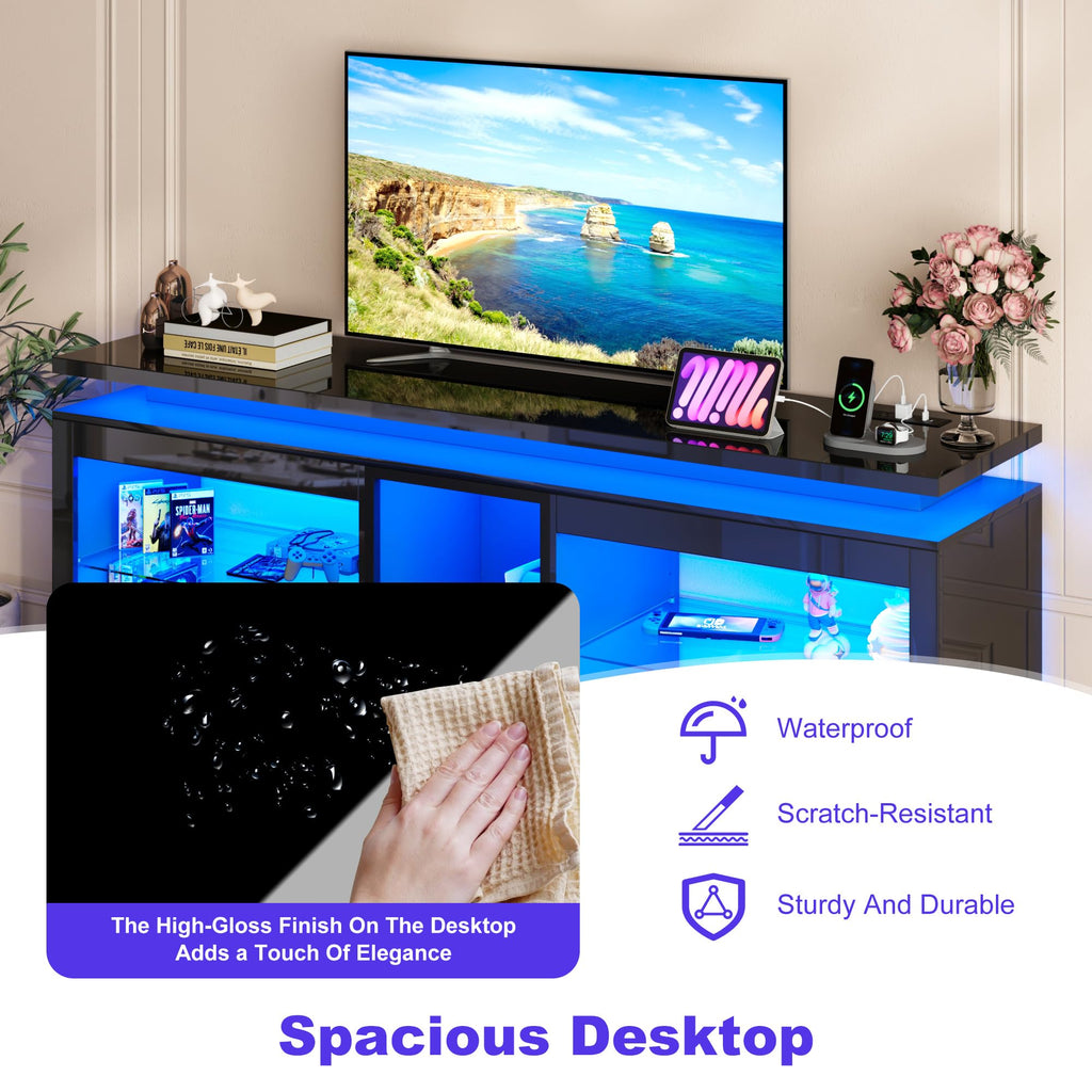 70" TV Stand with LED Lights and Power Outlets, Black Y1890