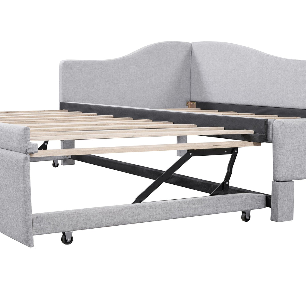 Twin Size Linen Extendable Upholstered Daybed with Pop Up Trundle U6402