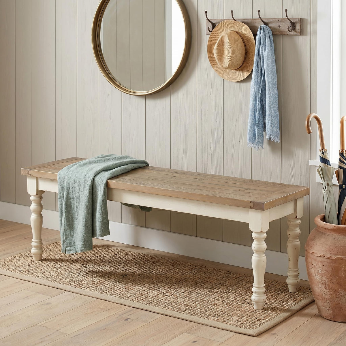 Antique White Two-Tone Oak Wood Dining Bench X2030