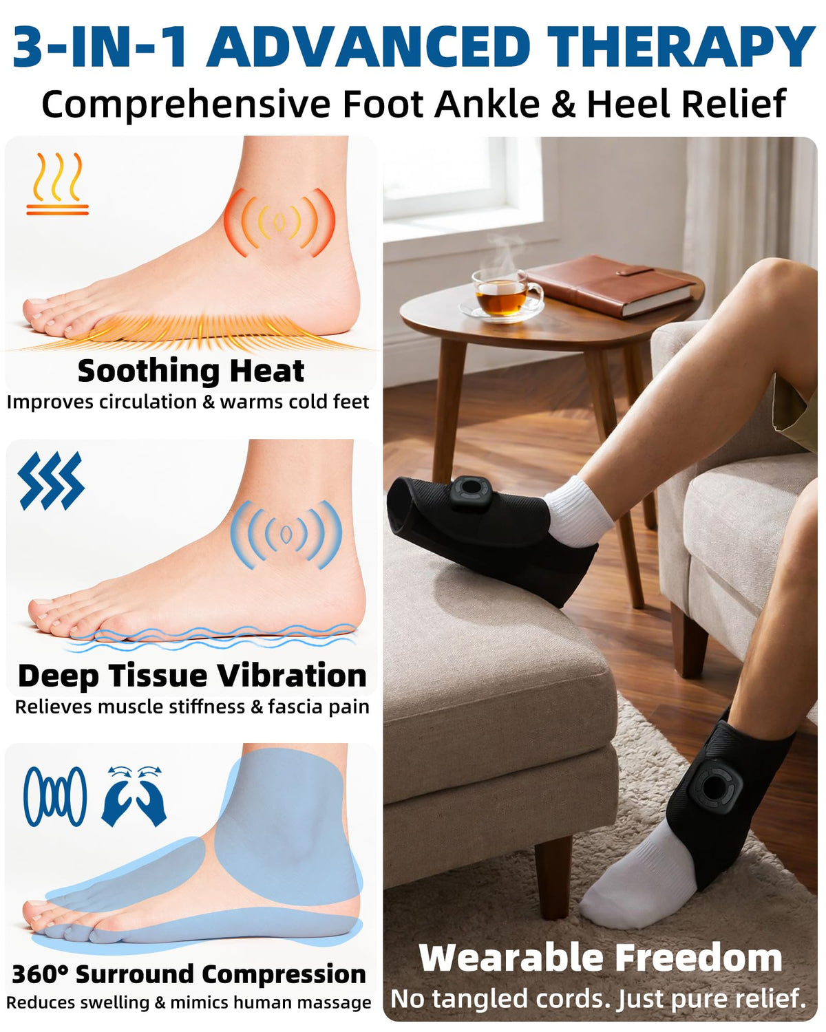 Cordless Air Compression Foot & Ankle Massager with Heat & Vibration M128